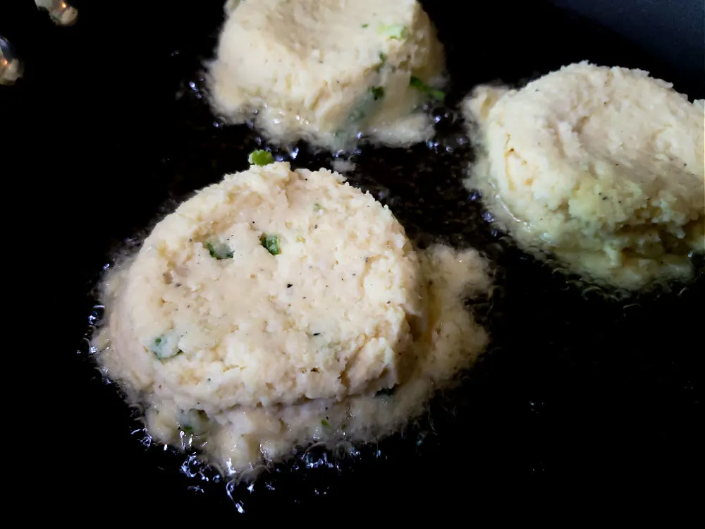 leftover mashed potato mixture frying in oil