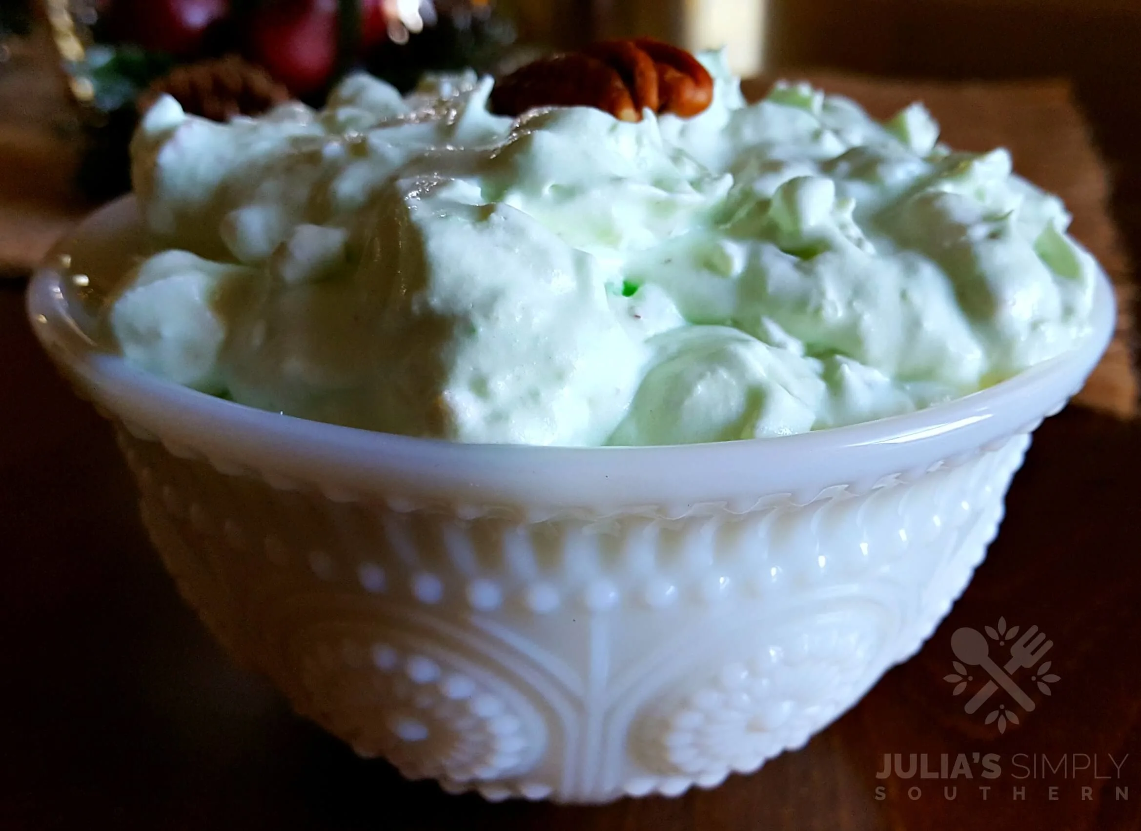 Easy Watergate Salad Side Dish Recipe in a White Bowl