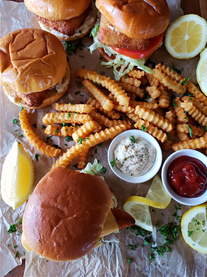 homemade fish sandwiches prepared in the air fryer with fries