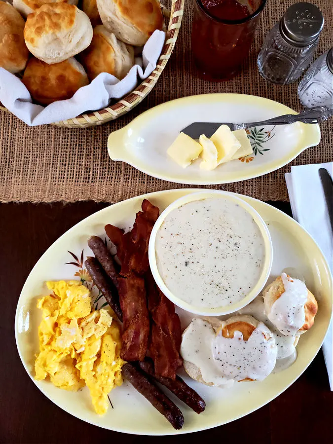 Southern breakfast with white country gravy with black pepper
