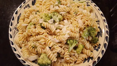 broccoli pasta salad in a bowl