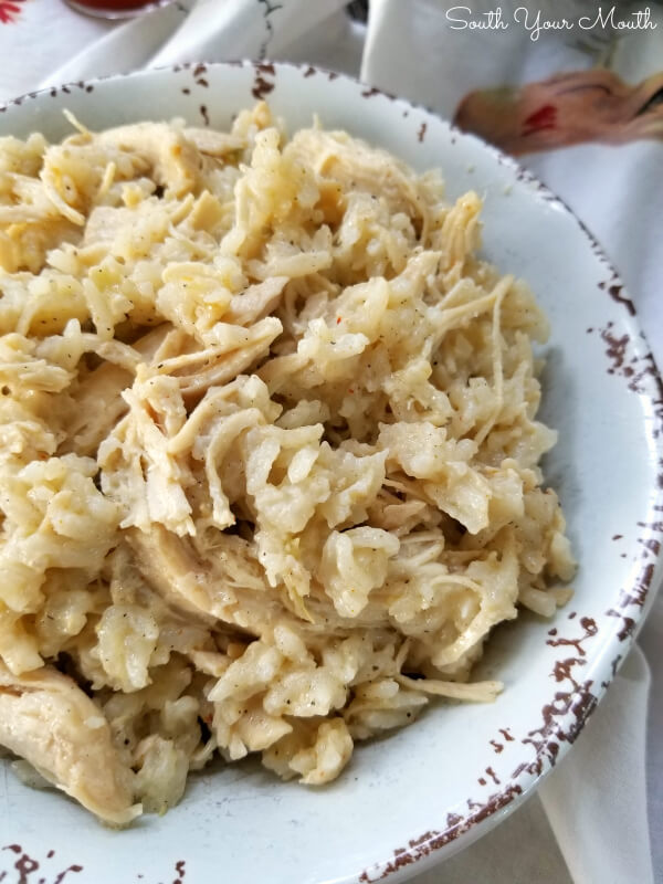 Southern Crock Pot Chicken and Rice in a rustic white serving bowl