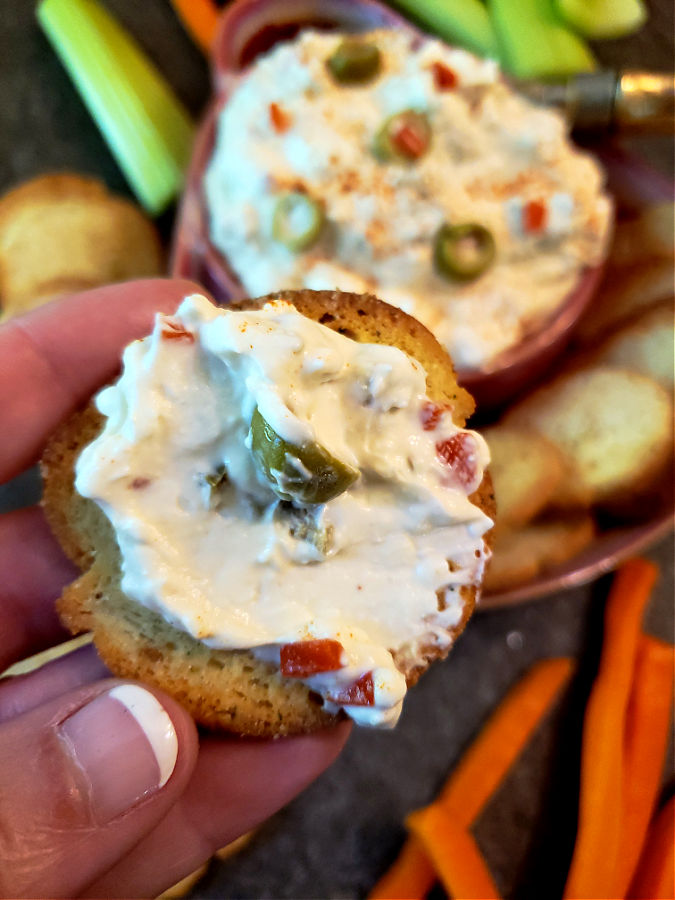 bagel chip with olive dip