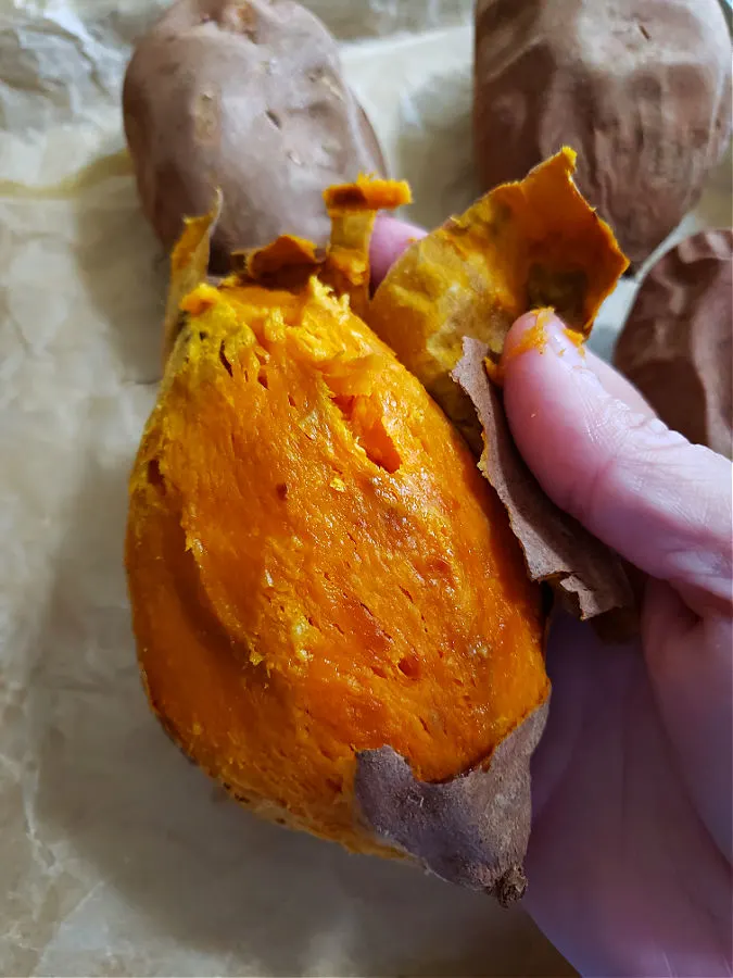 peeling roasted sweet potatoes