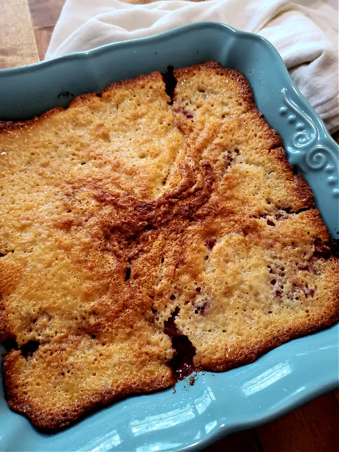 Baked Strawberry Cobbler in a teal square baking dish with warm strawberry cobbler from the oven