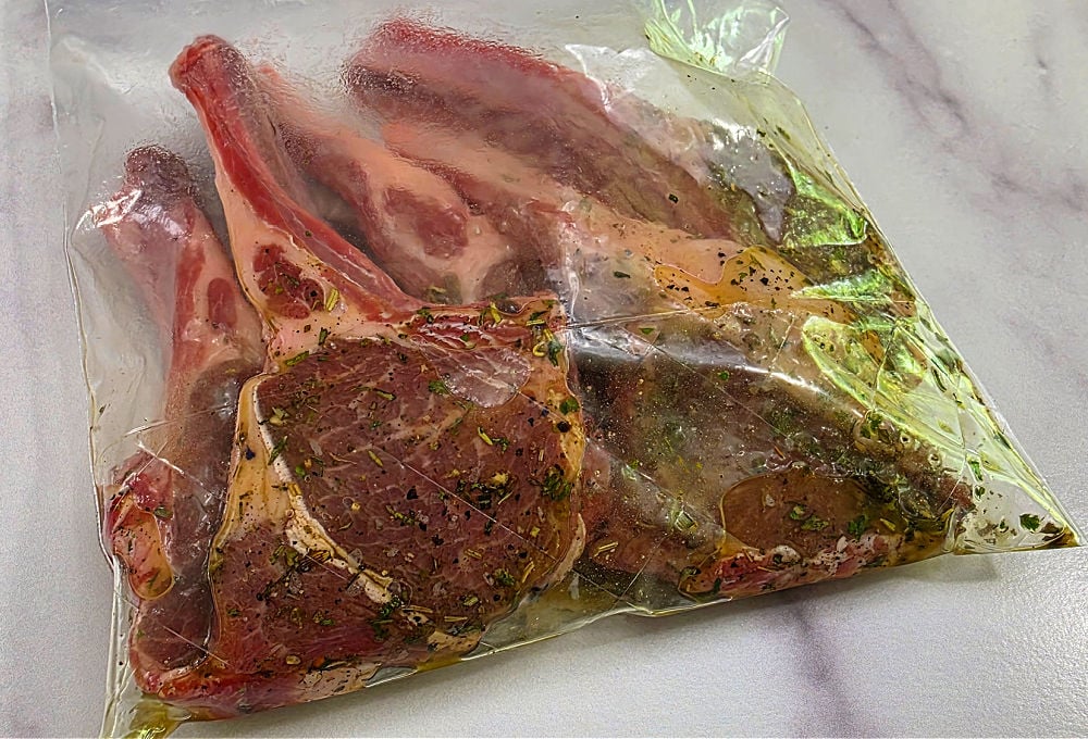 baby lamb chops marinating.