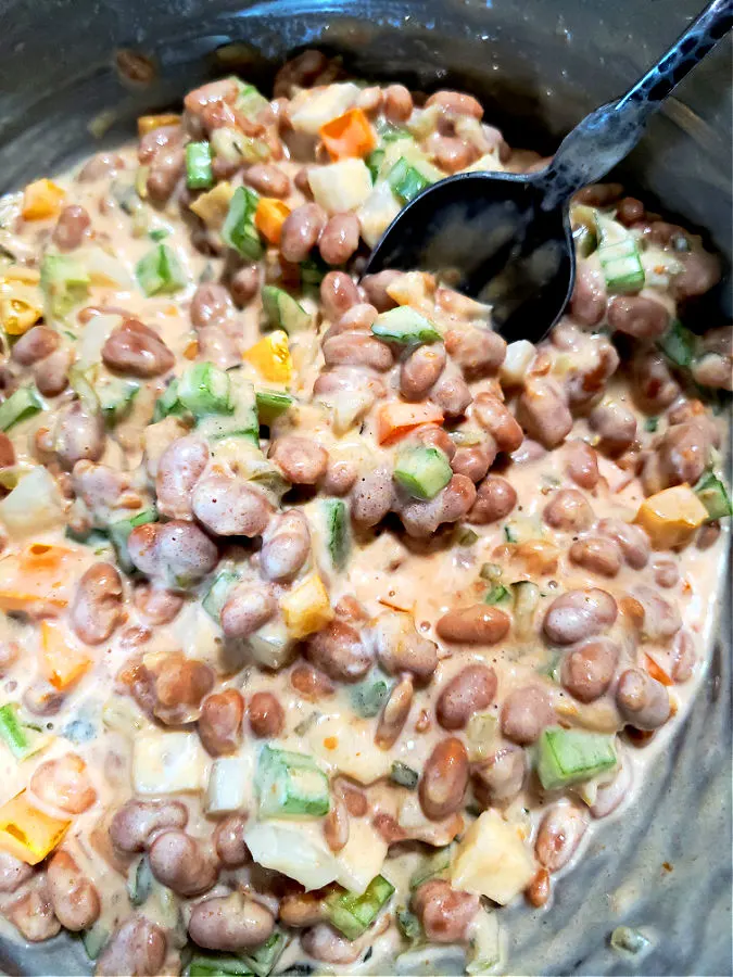 combining ingredients for VanCamp's pork and beans salad with vegetables in a creamy dressing