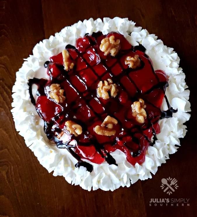 Chocolate strawberry nut sundae pie no bake dessert on a table 