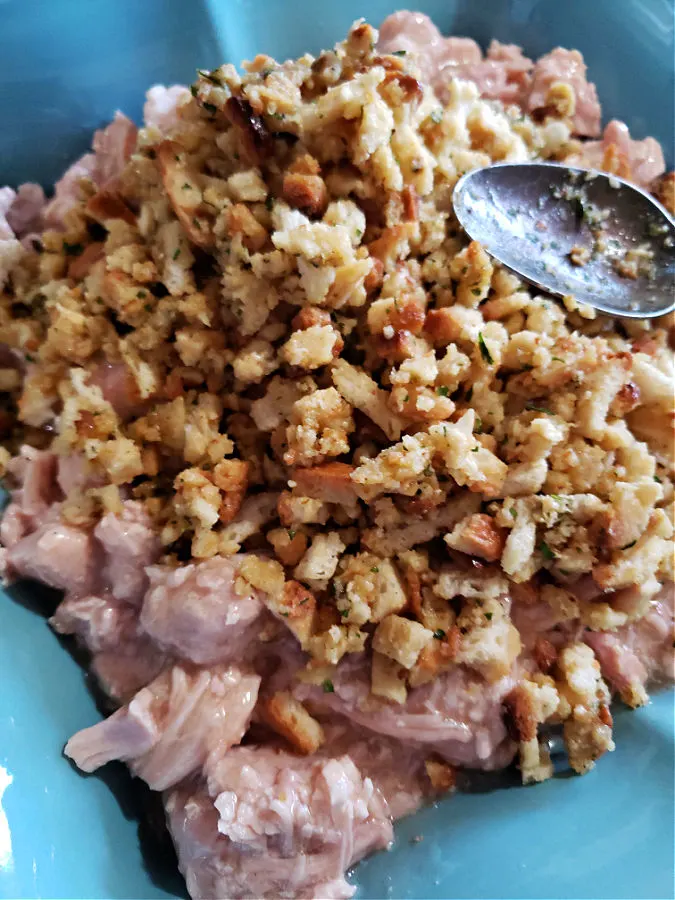 spreading the stuffing mixture over the turkey and gravy before baking